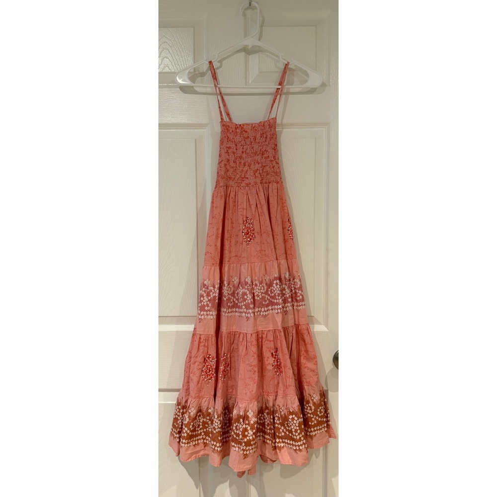 Vintage 2006 Old Navy Girls XL Pink Floral Tiered Smocked Maxi Dress Boho Cotton